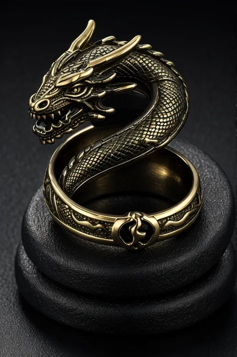 A black gold ring in the shape of a dragon whose body surrounds the finger. The dragon&#39;s head is located in the front, where his eyes are represented by small red stones. The dragon&#39;s body is black, with red details that highlight its scales and wi...