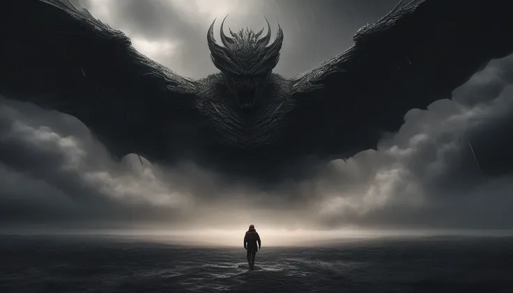 ((photorealism hyperrealism photorealism)) photorealistic and cinematic image of photorealistic, photorealistic, black sky raining heavily and a giant black flying Elemental being formed from clouds forming a humanoid shape and merging in the middle of the...