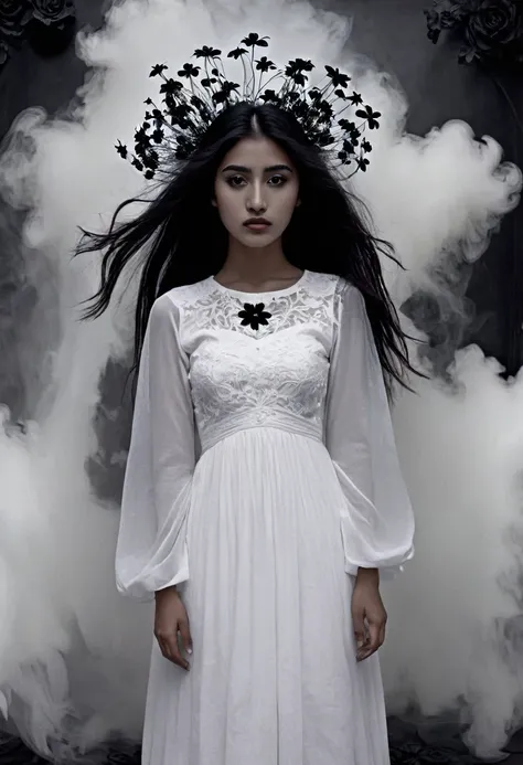 the girl from guatemala, with its eternal ghostly beauty, all dressed in white with black flowers on her chest. in vaporous form...