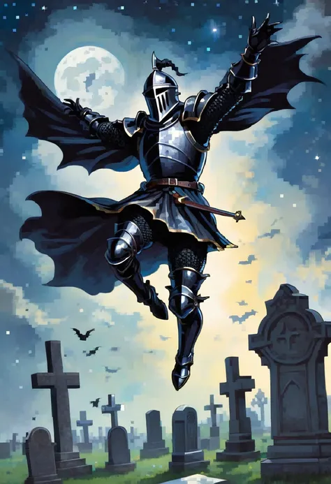 gothic black knight injured leaping towards viewer, leaping, Floating in mid-air, ascending to the Sky, to the night sky in a cemetery
