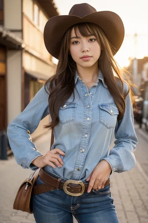 Revolver, hand gun with holster, Revolver, Her has a gun, Full-body ,standing pose, Western style, America, Cowboy Dressed as I, Cowboy style Wear,  cowboy-hat, (Billy the Kid clothes) ,looking viewer,  ((Japanese girl )), 16 year old ,(middle hair, brown ...