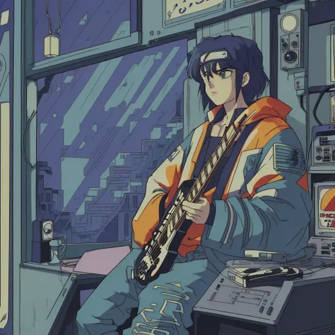 Shot of Naruto sitting near his laptop, font is large (why you), Super detailed, Retro Wave, cyber punk, Sad mood, night light through the window, night vibes, room, 2D, (Long Shot), Wide Shot, (film noise), Old cartoons, (Lots of records:1.3), (masterpiec...