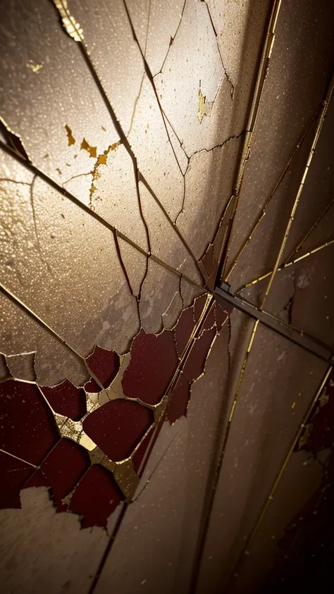 A close-up of a red and gold marble wall with a cracked surface, veins of magma and gold shining in the cracks, evoking the kintsugi technique. Abstract texture combines magma cracks and red metal, broken mirrors, stone and glass with touches of gold, crea...