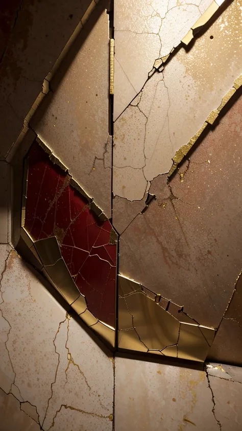 A close-up of a red and gold marble wall with a cracked surface, veins of magma and gold shining in the cracks, evoking the kintsugi technique. Abstract texture combines magma cracks and red metal, broken mirrors, stone and glass with touches of gold, crea...