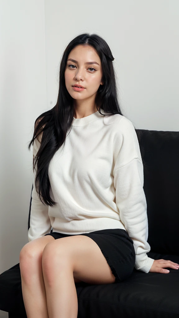 realistic, 1woman, long black hair, black eyes, white cold clothes, sitting in a sofa