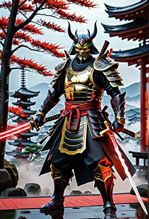 (demon samurai)、(Wearing a demon mask)solo man, glowing red eyes、Like the whole body、(cyborg Armed with a long sharp knife)、Stand facing the front,magnificent artwork、((Kyoto Panel Painting Style))、Wind-effect:1.9、Cloud Effects:1.2、Full Rendering、Encaustic...