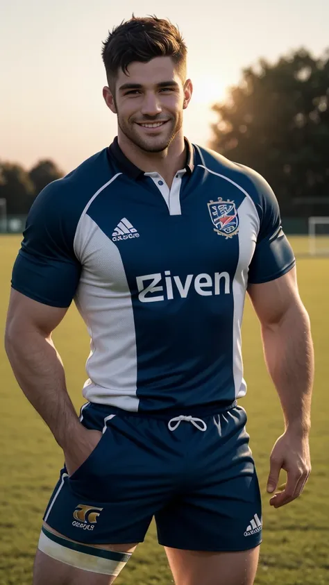 1 pale man rugby player ,Full body, rugby player, sport tight pants, bulge, rugby esportive uniform, Black wavy short hair fade , captivating large eyes, shaved European 30yo man with closed smile, large lips, hard light, wearing team rugby uniform, muscul...