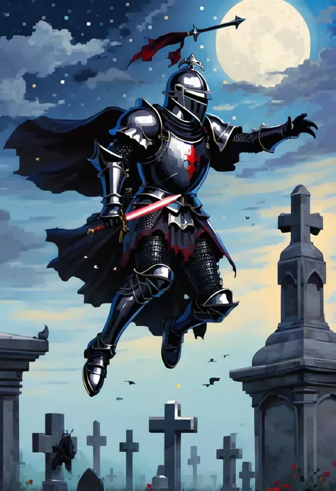 gothic black knight injured Floating in mid-air, ascending to the Sky, to the night sky in a cemetery
