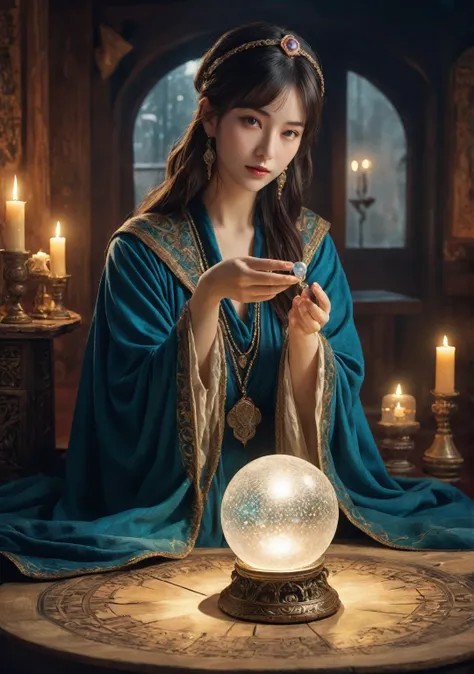 Facial direction: front.Female fortune teller. Attractive, beautiful and mysterious. She wears a blue cloak and has distinct features. The atmosphere is bright and sparkling, full of anxiety and anticipation. A fortune teller is standing there. The body is...