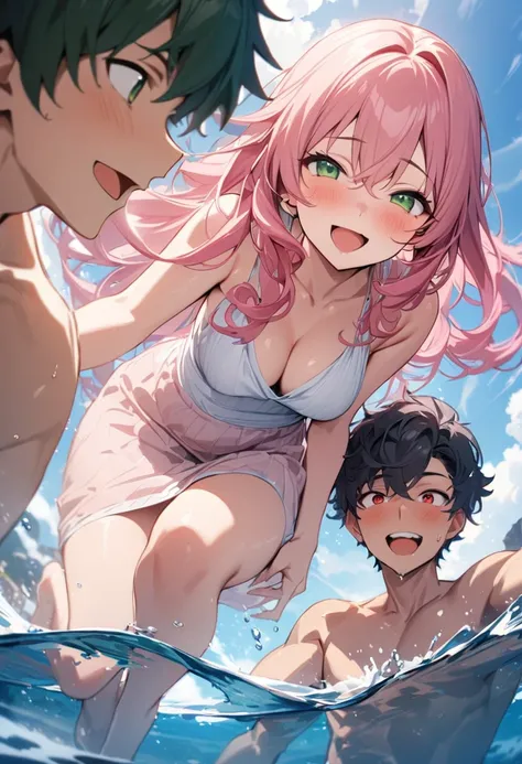 (couple), girl and boy, in the ocean, splashing , laughing, rich in detail, competitive, happy expression, love, wide angle, 1girl, (((masterpiece, best quality, aesthetic, heavenly))), ((girl with red eyes, vibrant pink long hair)), (intimate), 1boy, ((bo...