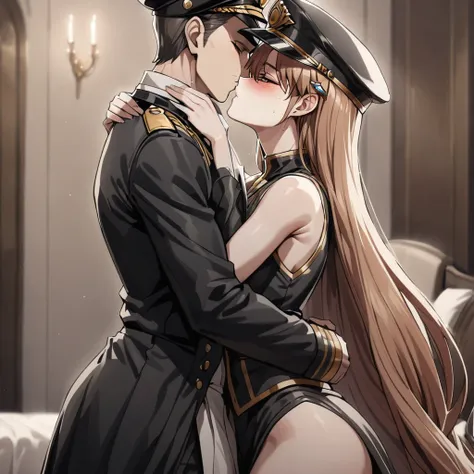 ((Highest quality)), ((masterpiece)), (detailed), （Perfect Face）、The woman is Princess Leona, with medium-long light brown hair, and is wearing a sexy black military uniform and cap for women. In a luxurious room, she is embraced by a strong, dignified, ol...