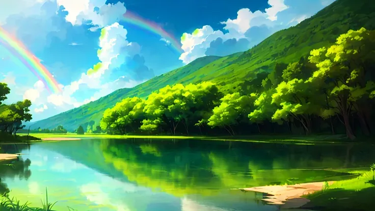 A picture of a rainbow over a lake and a rainbow in the sky, Anime Nature wallpap, Landscape Wallpaper, Nature Wallpaper, Anime Nature