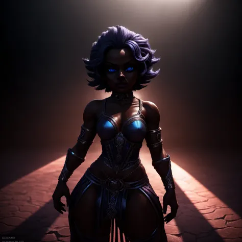 An anthro raven halfling girl, detailed dark skin, piercing blue eyes, intricate rouge style outfit, atmospheric lighting, dramatic shadows, cinematic composition, painterly style, rich colors, highly detailed, photorealistic, 8k, studio lighting, physical...