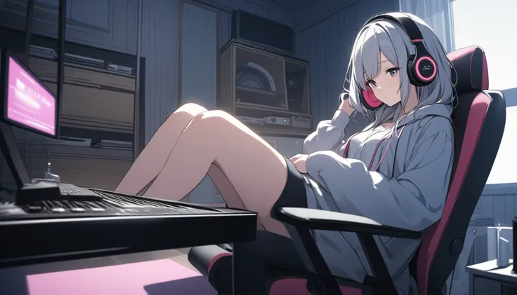 Beautiful girl listening to music with headphones、Inside the room、Sitting on a game chair　