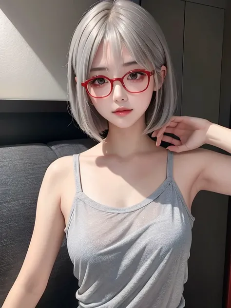 ((Idle level girl)), ​Masterpiece, highest image quality, Super detailed, (Perfect body:1.3), (perfect face+Glasses+messy hair+gray bob hair+ red eyes), closure, viewer&#39;s perspective, she bent down，Catching the audience&#39;s attention。Detailed hair,br...