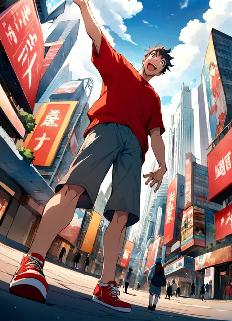 Create an anime-style illustration of a cheerful boy man in a bustling cityscape. The perspective should be from a low angle, making the subject appear towering and dynamic. The man is wearing a bright red sweater, gray shorts, and red sneakers. He has a h...