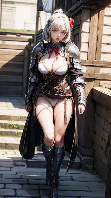 8K quality、High resolution、female knight、Realistic skin texture、、High resolutionの肌、Silver Hair、Unkempt shorthair、thin、Small and young breasts、Open the mouth to reveal a realistic tongue、Beautiful cleavage、blue eyes、thin脚、Mole on mouth、、Full Body Shot、Wetti...