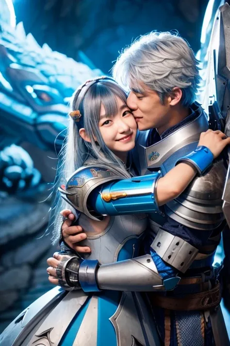 photo of a girl in blue mecha costume with gray hair, hugging a big dragon. hyperrealistic photo. Asian features. He held an armor spear in his hand, the girl had a scar on her cheek from a claw. detail original naga. Cuddle with a dragon. sinematic