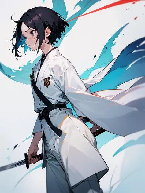 short hair、Black Hair、White Uniform、(Black trousers)、Forehead、Japanese sword、Otoku worries too