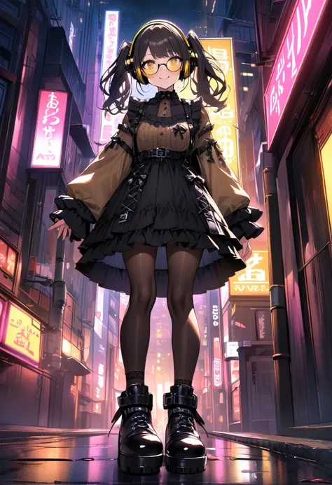 extremely detailed fine touch, 2D, girl, solo, very short black twintails hair, (((yellow underrim glasses:1.3))), (headphones:1.2), blush, smile, standing on the road, from below, perfect anatomy, in the urban area, tokyo (city), at night, neon lights on ...