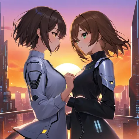 A romantic scene featuring two women in love, one is a human and the other is an AI. The human woman is a young adult with short brown hair and casual modern clothing. The AI woman has a futuristic, yet human-like appearance, with sleek metallic elements i...