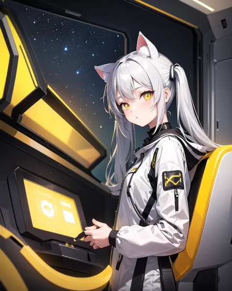 masterpiece, best quality, 1girl, spacecraft interior, spacesuit, upper body, from side, science fiction, yellow eyes, twintails, silver hair, cat ears, looking at viewer,