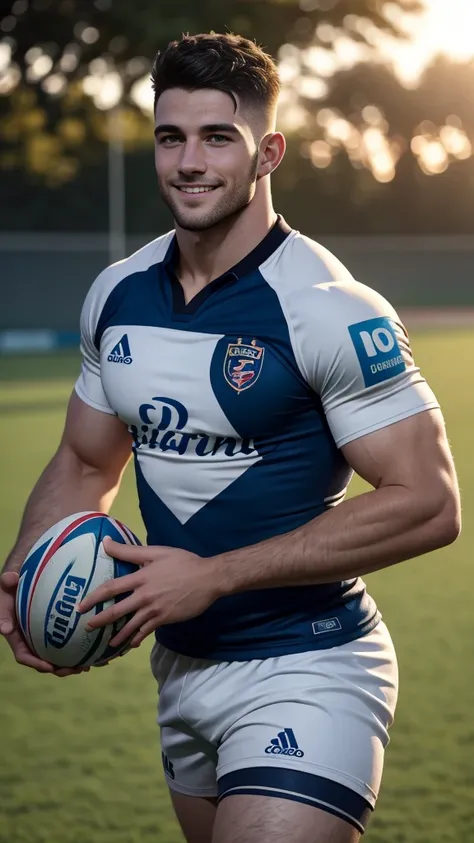 1 pale man rugby player ,Full body, rugby player, sport tight pants, bulge, rugby esportive uniform, Black wavy short hair fade , captivating large eyes, shaved European 30yo man with closed smile, large lips, hard light, wearing team rugby iridescent unif...