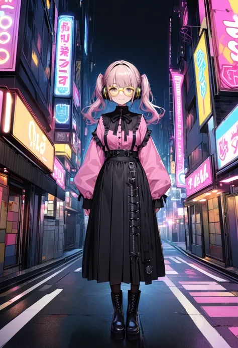 extremely detailed fine touch, 2D, girl, solo, very short black twintails hair, (((yellow underrim glasses:1.3))), (headphones:1.2), blush, smile, standing on the road, perfect anatomy, in the urban area, tokyo (city), at night, neon lights on the backgrou...