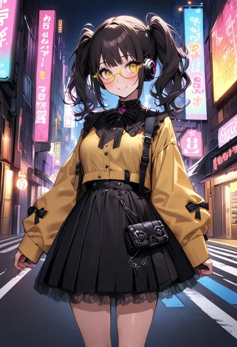 extremely detailed fine touch, 2D, girl, solo, very short black twintails hair, (((yellow underrim glasses:1.3))), (headphones:1.2), blush, smile, standing on the road, perfect anatomy, in the urban area, tokyo (city), at night, neon lights on the backgrou...