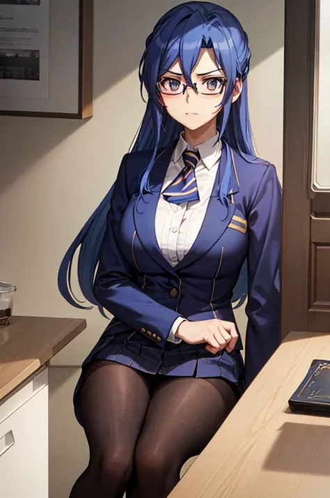 Highest quality, masterpiece,  ((Big Breasts)), uniform, blazer, Blue Hair, Glasses