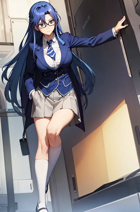 highest quality, masterpiece,  ((big breasts)), uniform, blazer, blue hair, glasses