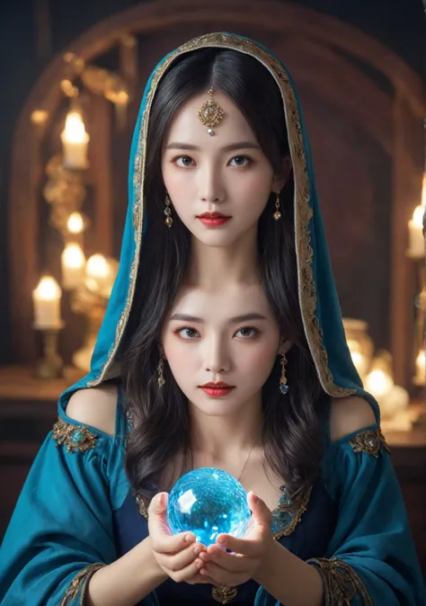 Facial orientation: frontal. Body orientation: frontal. Female fortune teller. Charming, beautiful and mysterious. She wears a blue cloak and has a clear face. The atmosphere is bright and glittering, full of anxiety and anticipation. The fortune teller is...