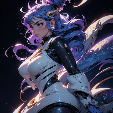 A space dragon sitting at the edge of the universe, lonely, sad, void, stars, the stars mixed in the sea, a sea of stars, ethereal woman, Blue and purple hair , space buns, space outfit, white black and gold outfit, golden dragon horns and tail, space outf...