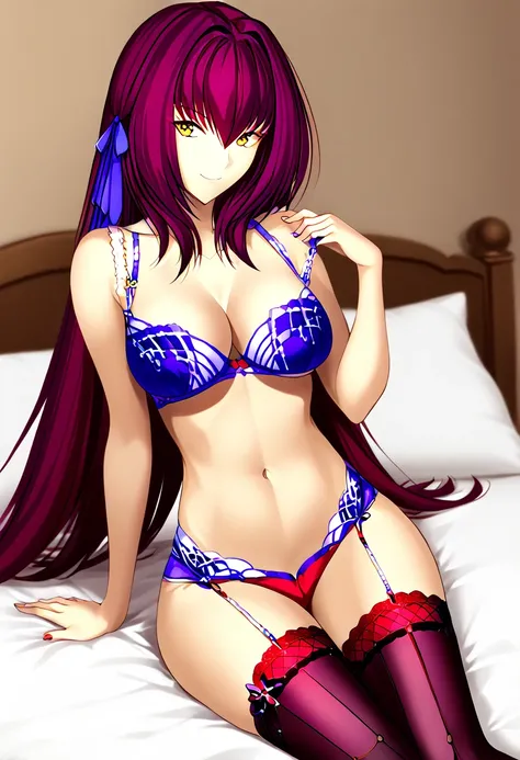 Masterpiece, sexy, NSFW, Scathach, sitting in bed, wearing fine lingerie, black lace, black lace stockings. long red hair , yellow eyes.