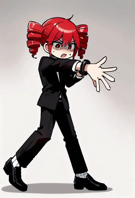 Red hair、Black suit、Black slacks、Wearing leather shoes、Handcuffed