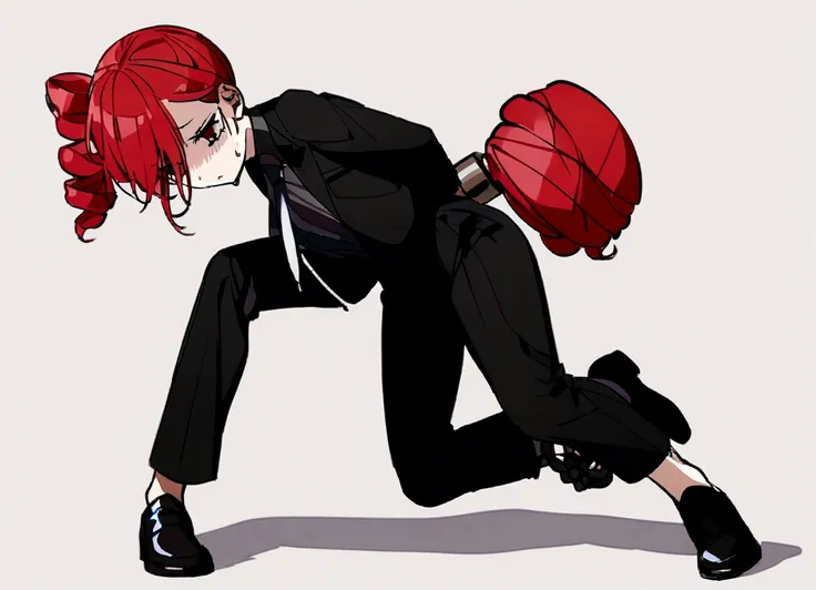 red hair、black suit、black slacks、wearing leather shoes、handcuffed