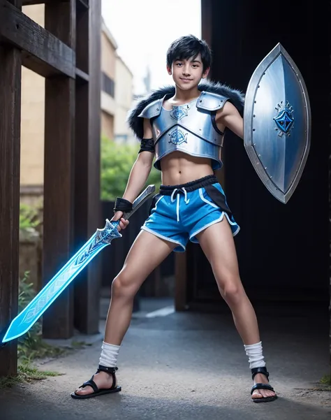 Young 13-year-old boy with black hair and brown eyes, innocent and happy, dressed in short neon-blue medieval barbarian clothes, fur shorts, light-blue battle armor, weilding silver sword and shield, sandals; fullbody; short hair, boyish athletic, sexy,