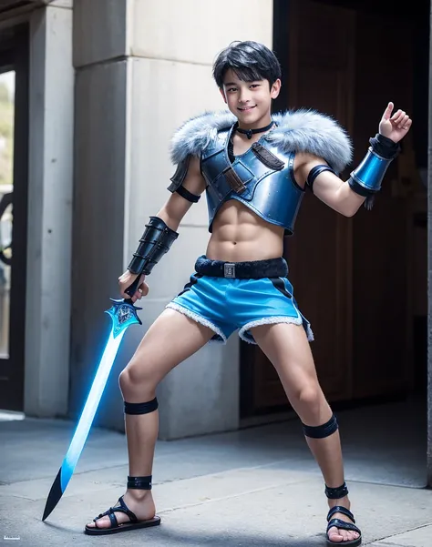 Young 13-year-old boy with black hair and brown eyes, innocent and happy, dressed in short neon-blue medieval barbarian clothes, fur shorts, light-blue battle armor, weilding silver sword and shield, sandals; fullbody; short hair, boyish athletic, sexy,