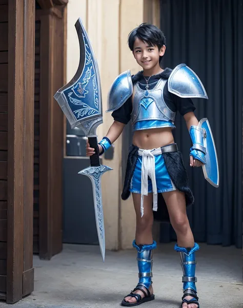 Young 13-year-old boy with black hair and brown eyes, innocent and happy, dressed in short neon-blue medieval barbarian clothes, fur shorts, light-blue battle armor, weilding silver sword and shield, sandals; fullbody; short hair, boyish athletic, sexy,