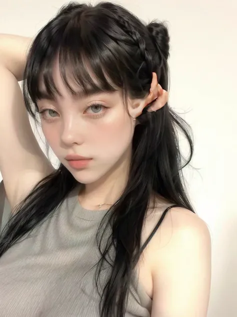 there is a woman with long hair and a gray top, ulzzang, she has black hair with bangs, neat hair with bangs, korean girl, black hime cut hair, with bangs, jaeyeon nam, dilraba dilmurat, the hime cut, heonhwa choe, fluffy bangs, with full bangs, long strai...