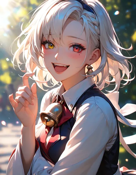 score_9, score_8_up, score_7_up, white hair, mole under eye, mismatched sclera, heterochromia, blush, shy, laughing, bell, ray tracing, god rays, backlighting, glowing light, anime style, masterpiece, best quality, highres, 1080P, HD, 4K, 8k, 16k