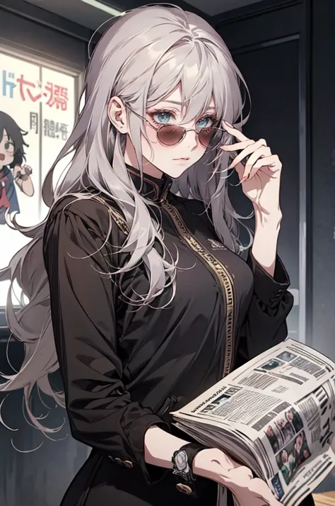 wear sunglasses、anime girl with a newspaper in front of her, young woman anime visual, cute girl anime visuals, style of madhous...