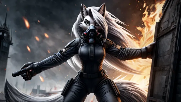 Loona from Helluva Boss, female white wolf, anthro, short white hair, grey eyes, fireproof ballistic reinforced combat suit, face gas mask, standing, detailed, solo, beautiful, high quality, 4K