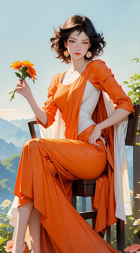 woman dressed in orange sitting on a chair with a flower in her hand, Lois Rossdraw, Craig Mullins Alphonse Mucha, Alphonse Mucha and Rossdrew, Style Ross Tran, RossDraw 1. 0, ross tran 8 k, WLOP and Krenz Cushart, RossDrawS 2. 0, Styling by Peter Mohraphe...