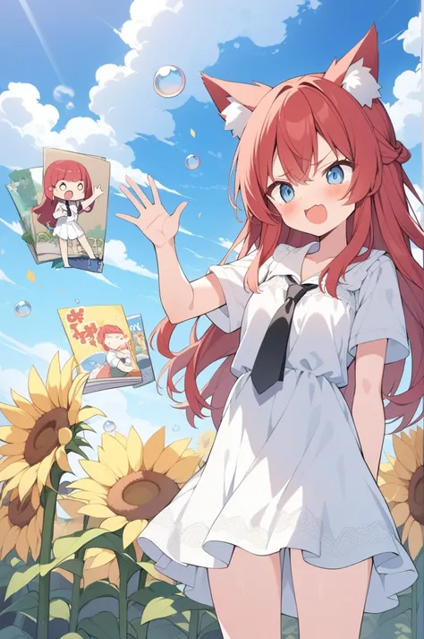 1girl ,20s,angry face,white shirt,short sleeves,(black standard tie),white school skirt,(red hair),long hair,fox ears, sunflowers, standing alone, flowers, plein-air, chemise, sky, , 弓, nube, white chemise, manga curta, giorno, red 弓tie, blue sky, yellow...