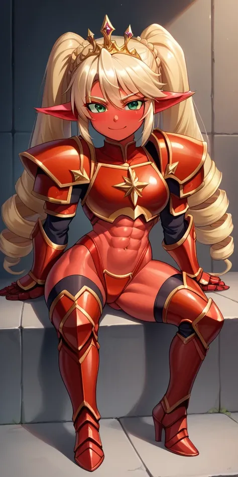 Lancer Artoria body (Alexis Texas Face), elegant adult female, blonde, green eyes (yellow eyelashes) crown, turtleneck, full body sitting on a bench, showing ass to me, RED breastplate, RED skin (1SologirlRED skin:1.2), looking at viewer, shiny, armor, thi...