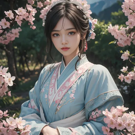 Blue sky and white clouds，Distant Mountain、tower and many people，Pink flowers，cherry blossoms，Woman in Hanfu,phoenix crown tiara、Carefully embroidered、Wearing Hanfu Pantyhose、hanfu stockings、Wear long-sleeved Hanfu、Transparent panties are clearly visible、L...