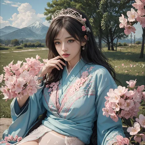 Blue sky and white clouds，Distant Mountain、tower and many people，Pink flowers，cherry blossoms，Woman in Hanfu,phoenix crown tiara、Carefully embroidered、Wearing Hanfu Pantyhose、hanfu stockings、Wear long-sleeved Hanfu、Transparent panties are clearly visible、L...