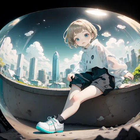 delicate、detailed、high quality、high resolution、４K、high quality、Short Mash Hair、Short Hair、Blonde Hair Color、Turquoise Eyes、white色のパーカー、Black hot pants、Black sneakers、Childish, high quality、超detailedな、(1 girl in:1.3)、internal、Elementary school girls、 girl，，...