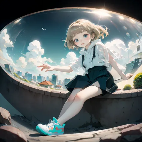 delicate、detailed、high quality、high resolution、４K、high quality、Short Mash Hair、Short Hair、Blonde Hair Color、Turquoise Eyes、white色のパーカー、Black hot pants、Black sneakers、Childish, high quality、超detailedな、(1 girl in:1.3)、internal、Elementary school girls、 girl，，...